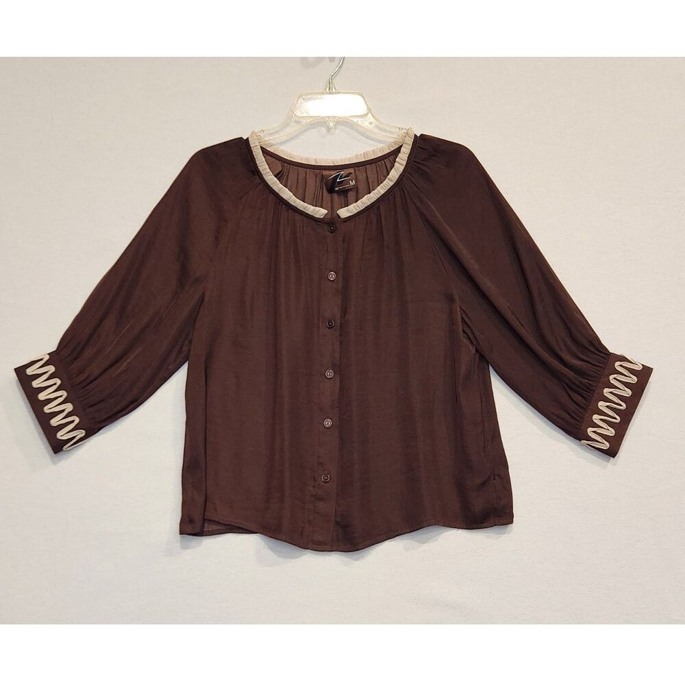 Medium 3/4 Sleeve Applique Popover Blouse Brown Cottage Whimsy Naked Zebra